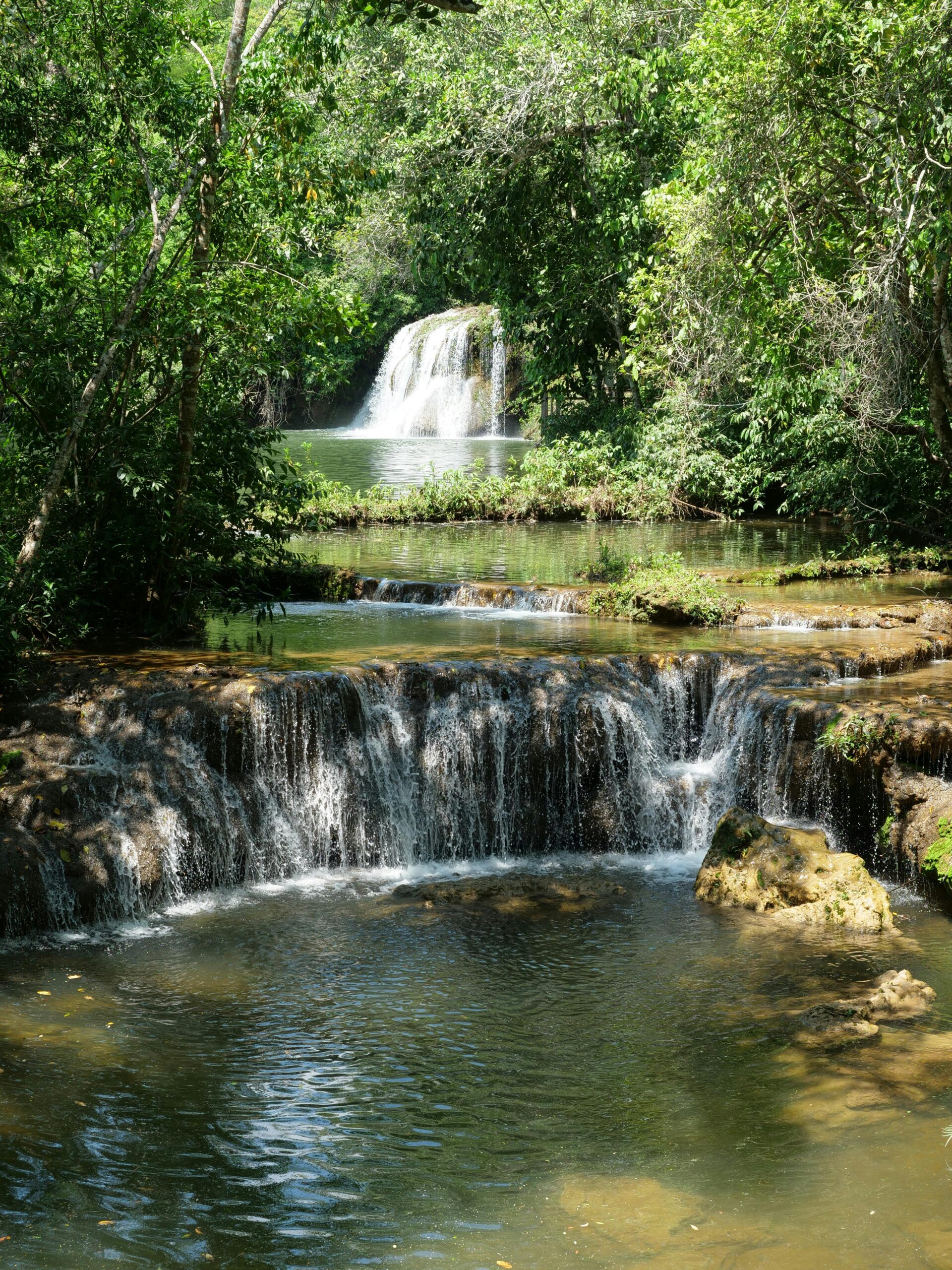 Beautiful waterfall in Bonito, Brazil surrounded by lush greenery.